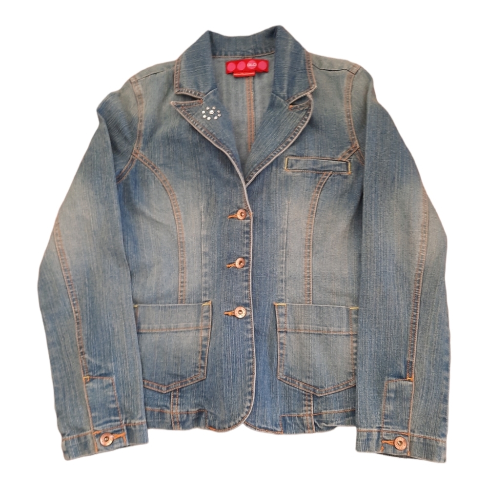 Glo Brand Stretch Distressed rhinestone Denim Jacket size large